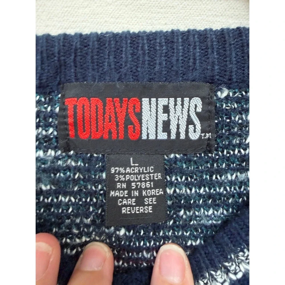 VTG 80s 90s Today's News Geometric Mountain Grandpa Knit Sweater Navy Green L